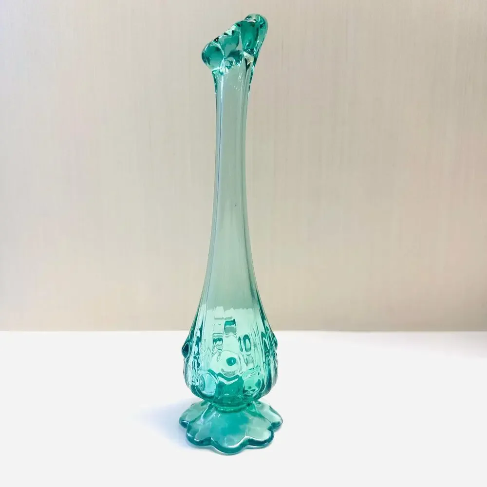 Vintage Fenton Glass Swung Bud Vase Blue Green Cabbage Pattern